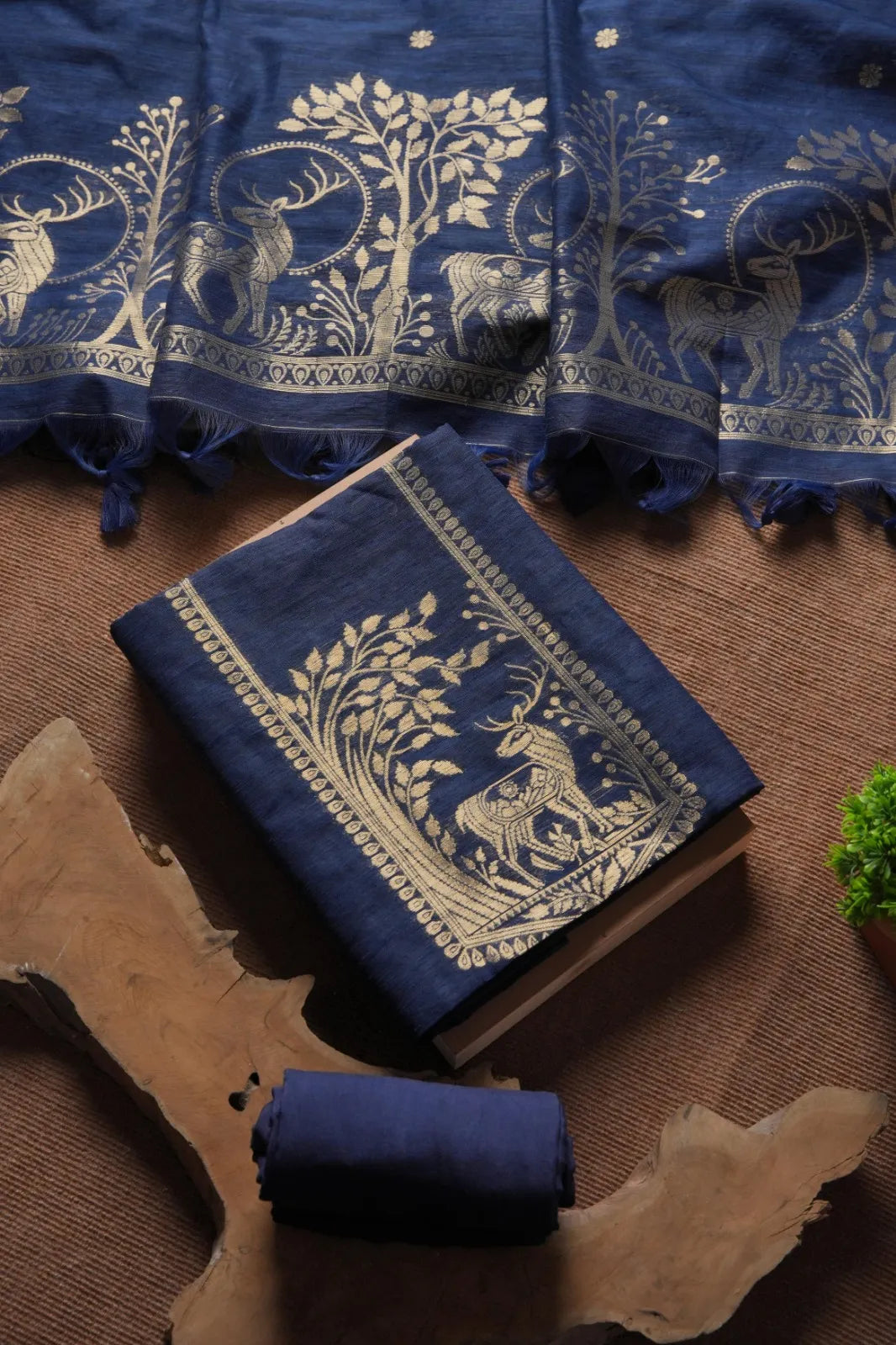 Designer Linen Silk Hiran Weaving Unstitched Dress Material Set - Navy Blue