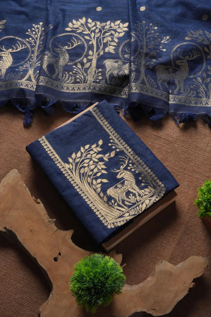 Designer Linen Silk Hiran Weaving Unstitched Dress Material Set - Navy Blue