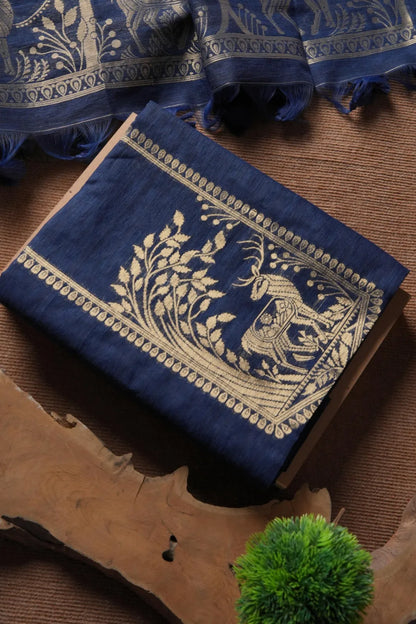 Designer Linen Silk Hiran Weaving Unstitched Dress Material Set - Navy Blue