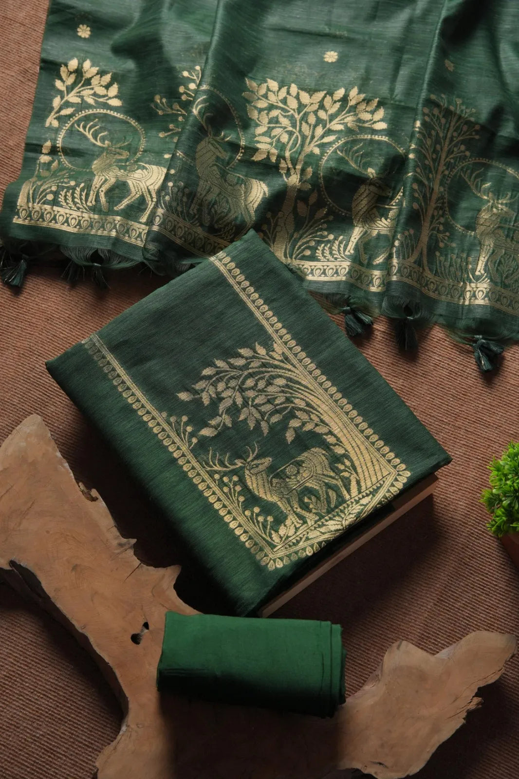 Designer Linen Silk Hiran Weaving Unstitched Dress Material Set - Green