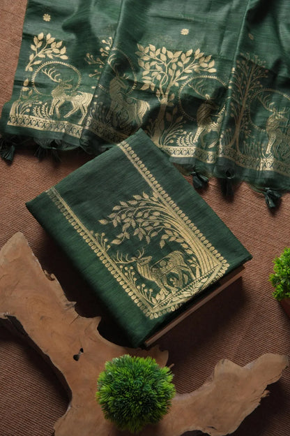 Designer Linen Silk Hiran Weaving Unstitched Dress Material Set - Green