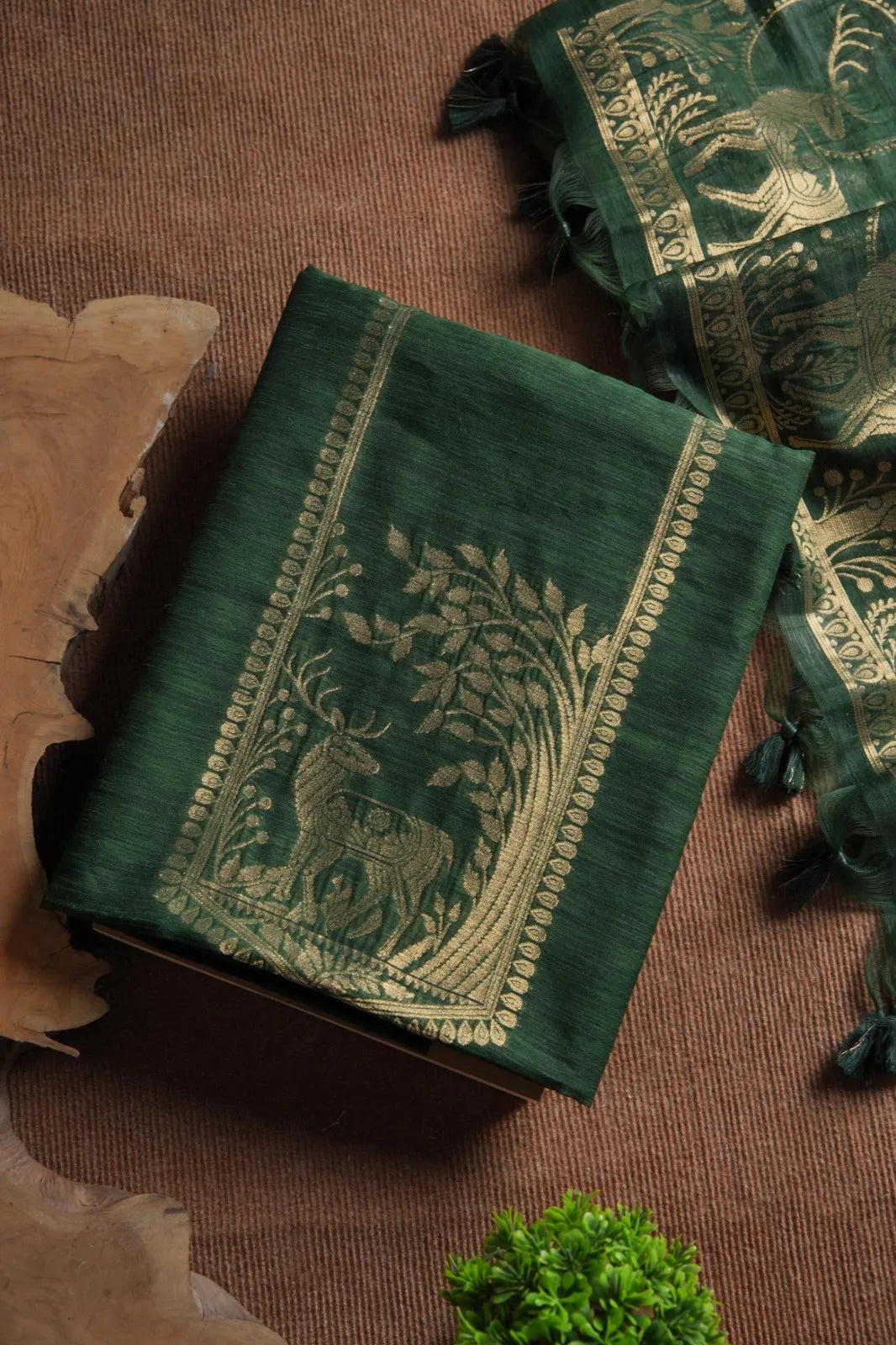 Designer Linen Silk Hiran Weaving Unstitched Dress Material Set - Green