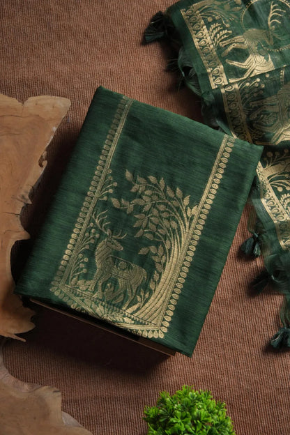 Designer Linen Silk Hiran Weaving Unstitched Dress Material Set - Green