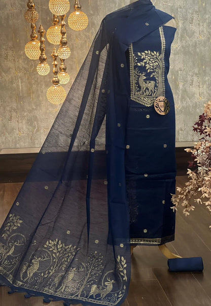 Designer Linen Silk Hiran Weaving Unstitched Dress Material Set - Navy Blue