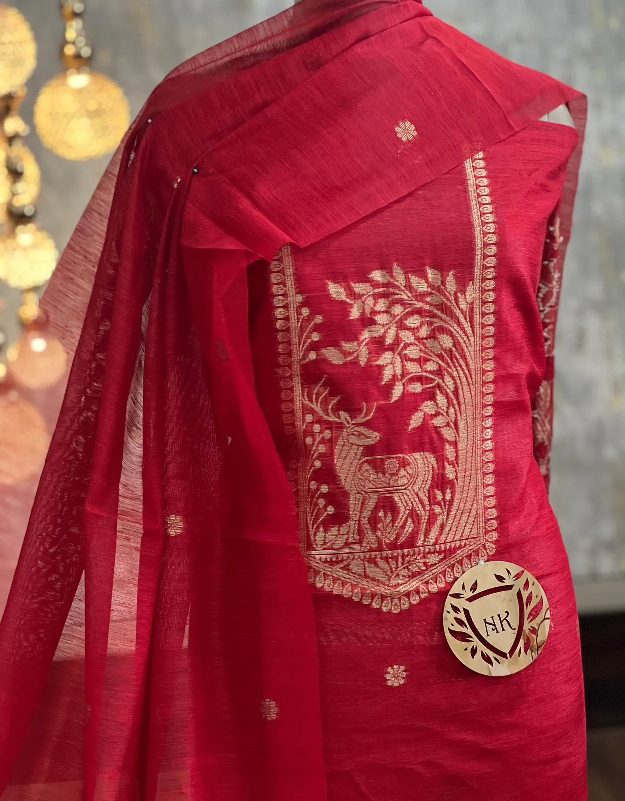 Designer Linen Silk Hiran Weaving Unstitched Dress Material Set - Red