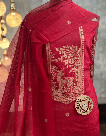 Designer Linen Silk Hiran Weaving Unstitched Dress Material Set - Red