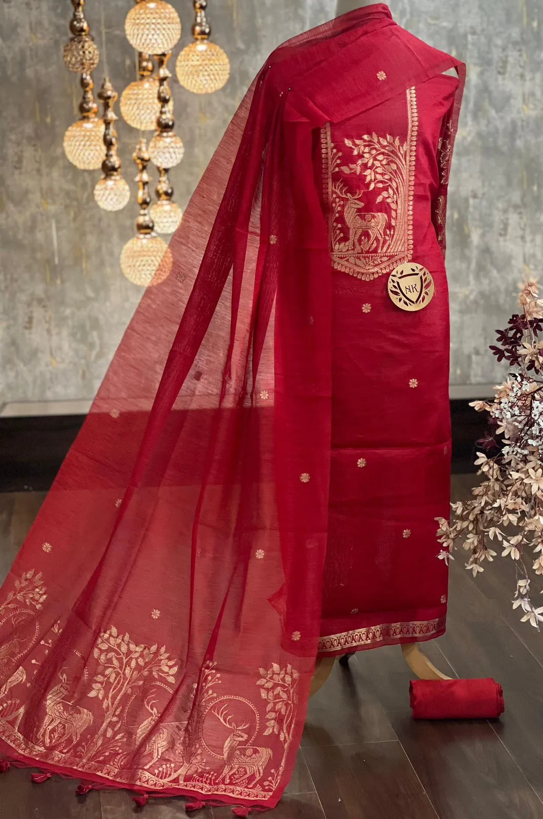 Designer Linen Silk Hiran Weaving Unstitched Dress Material Set - Red