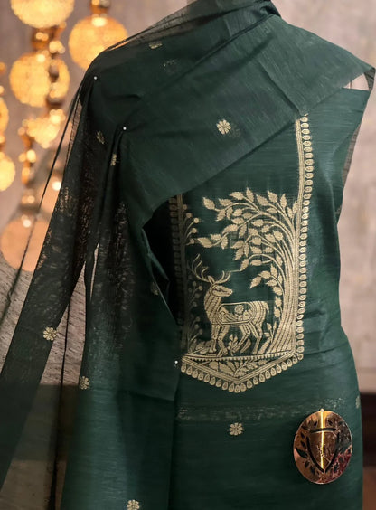 Designer Linen Silk Hiran Weaving Unstitched Dress Material Set - Green