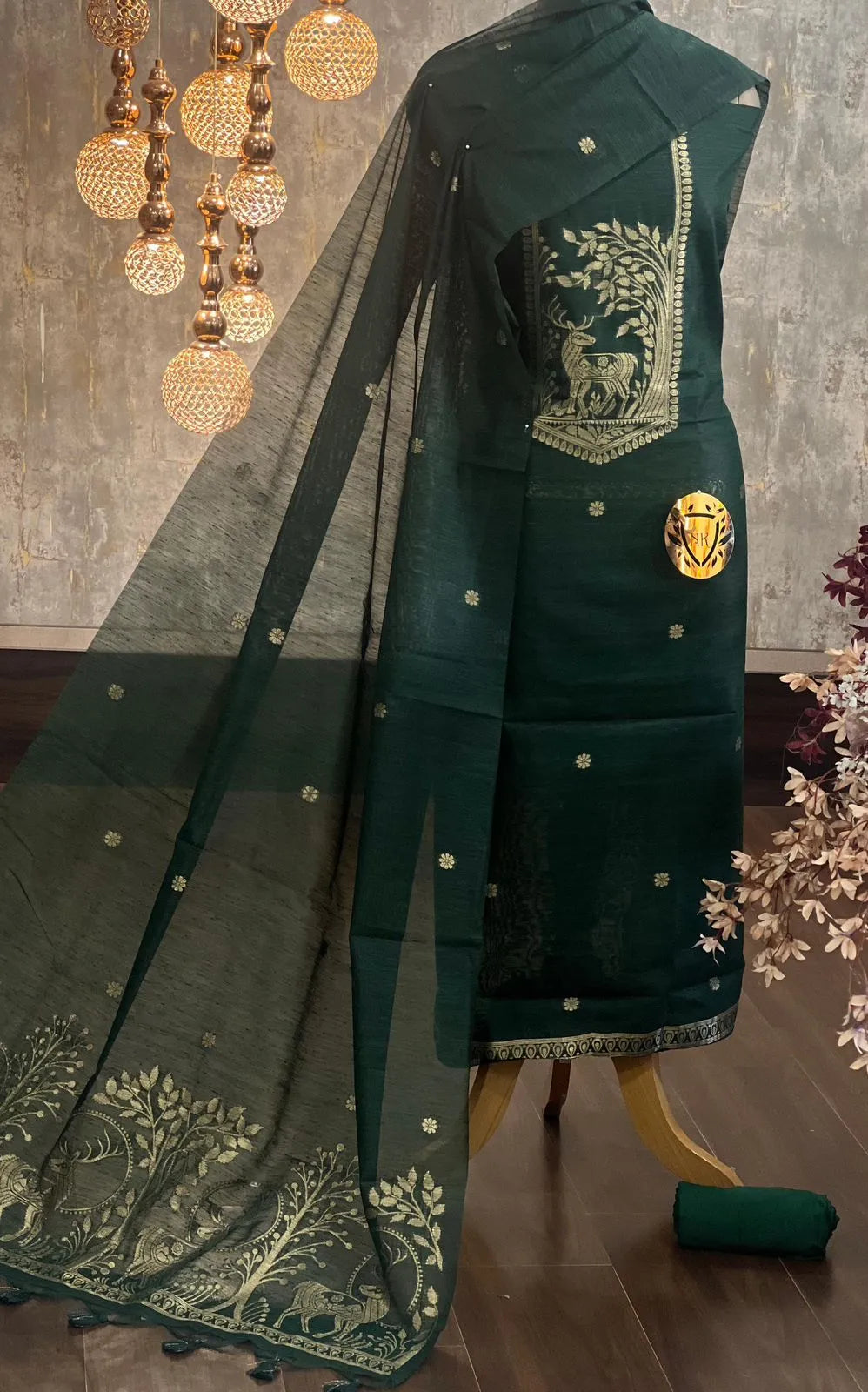 Designer Linen Silk Hiran Weaving Unstitched Dress Material Set - Green