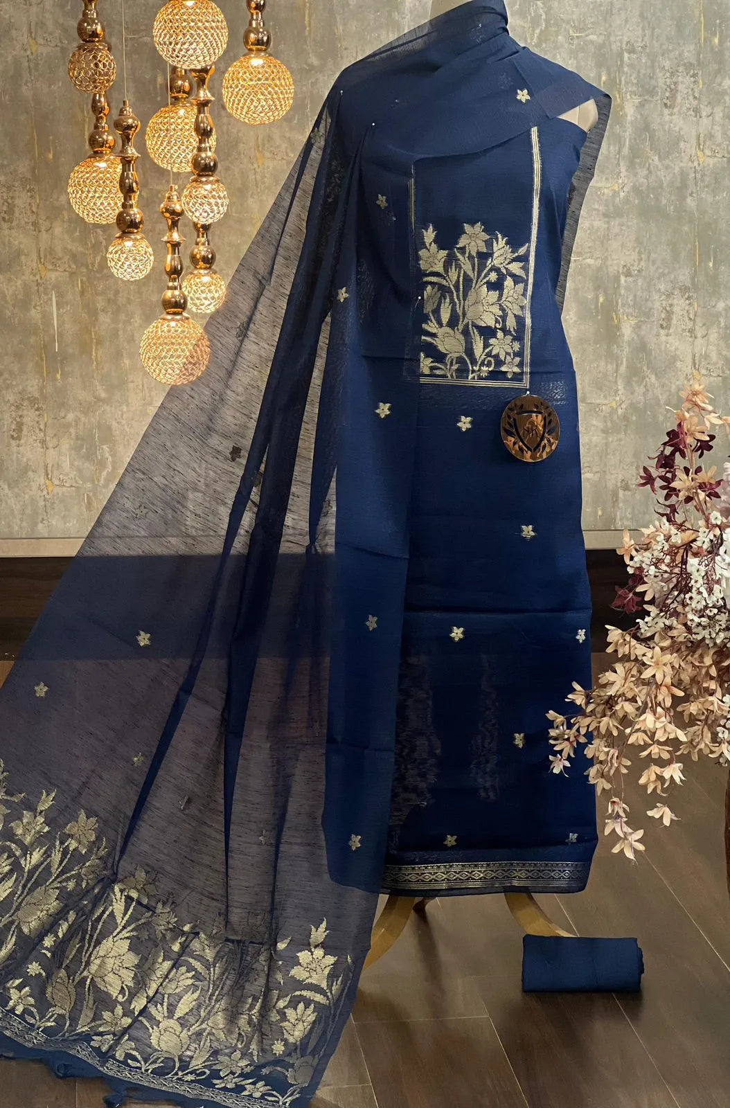 Designer Linen Silk Hiran Weaving Unstitched Dress Material Set - Navy Blue