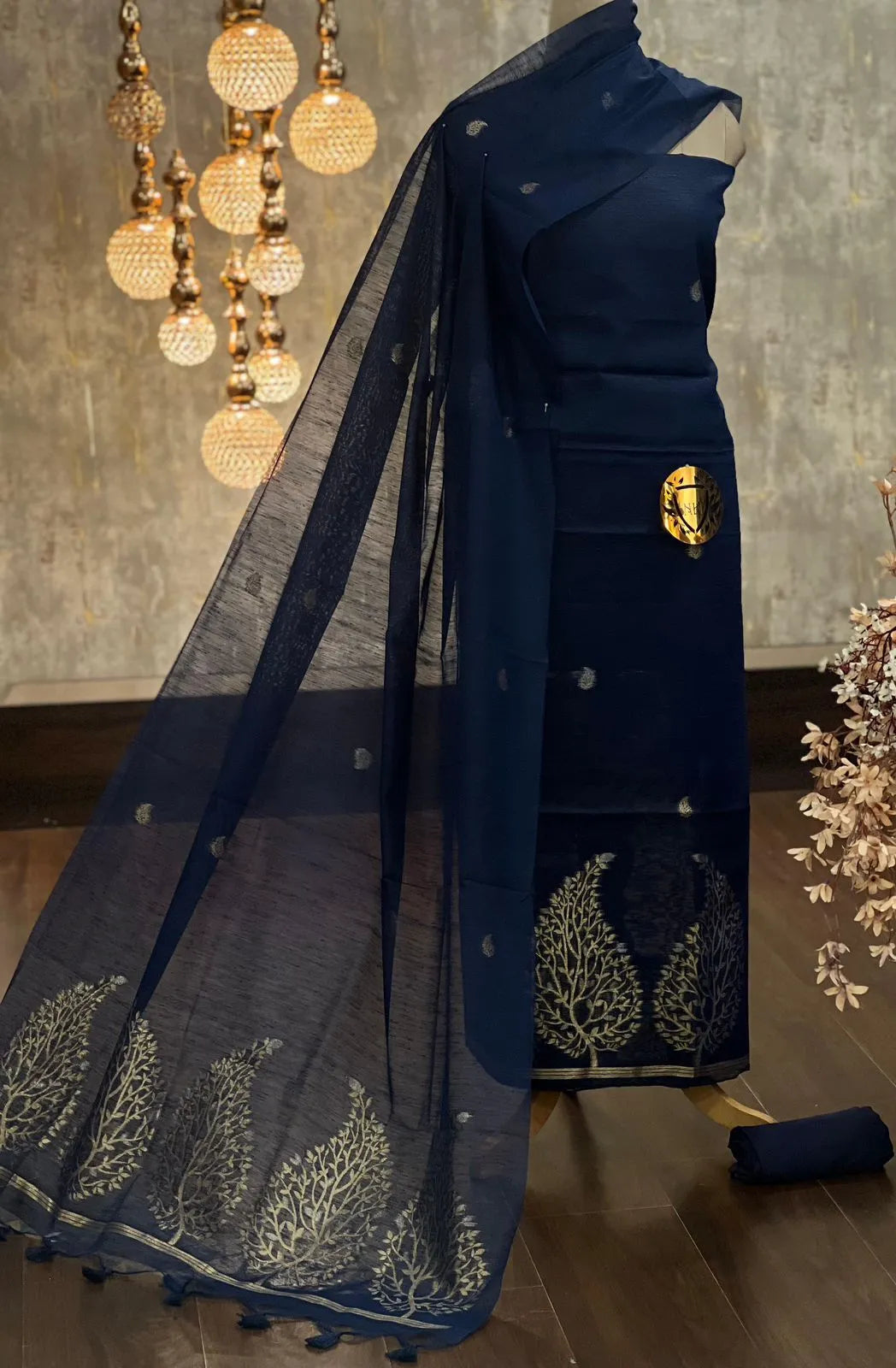 Designer Linen Silk Hiran Weaving Unstitched Dress Material Set - Navy Blue