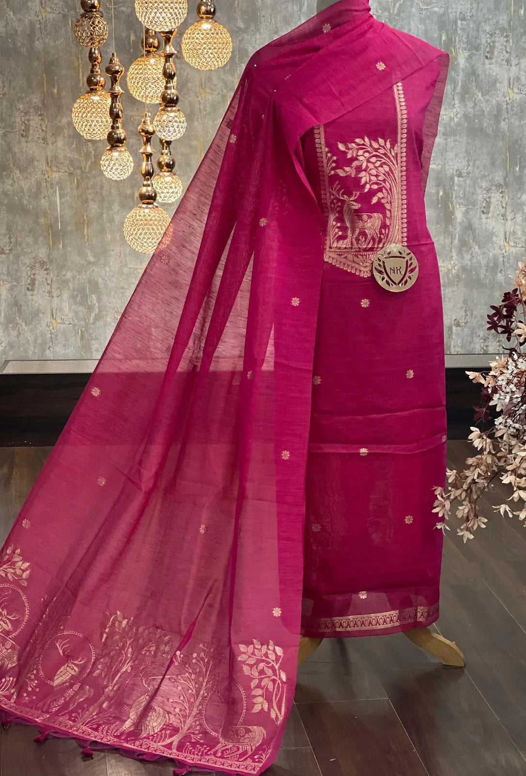 Designer Linen Silk Hiran Weaving Unstitched Dress Material Set - Pink