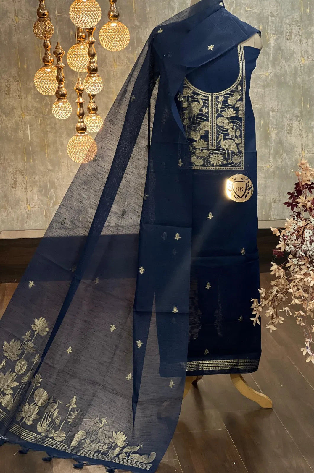 Designer Linen Silk Hiran Weaving Unstitched Dress Material Set - Navy Blue