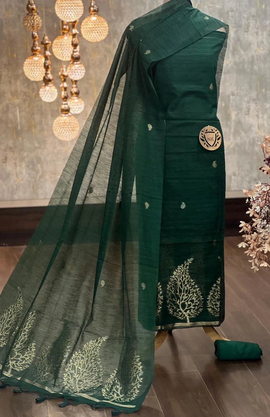 Designer Linen Silk Hiran Weaving Unstitched Dress Material Set - Green