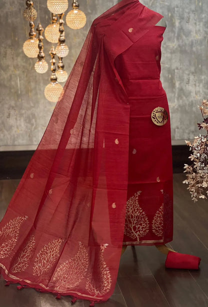 Designer Linen Silk Hiran Weaving Unstitched Dress Material Set - Red