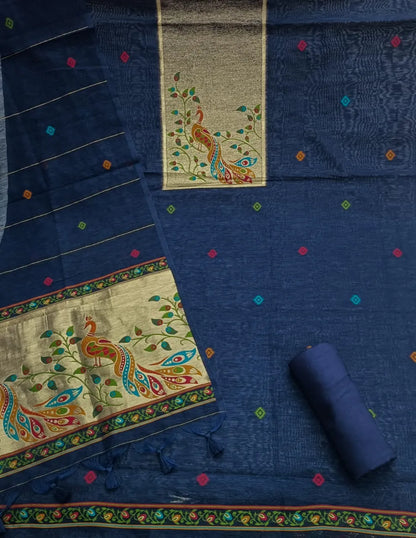 Designer Pichwai Paithani Style Linen Silk Unstitched Salwar Suit - Navy Blue