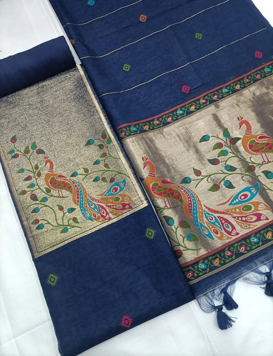 Designer Pichwai Paithani Style Linen Silk Unstitched Salwar Suit - Navy Blue