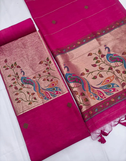 Designer Pichwai Paithani Style Linen Silk Unstitched Salwar Suit - Pink