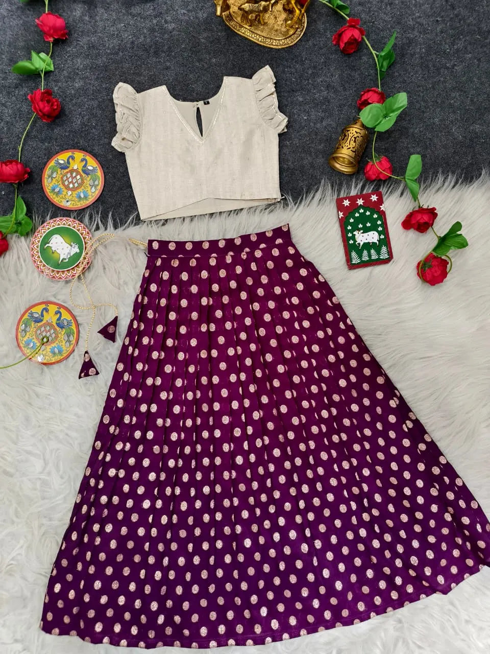 Kids Polka Lehenga Choli Set (1 Month–16 Years) - Majenta