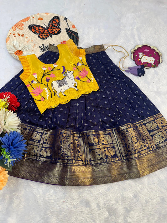 Kids Fancy Weaving Pichwai Embroidery Work Lehenga - Yellow Navy