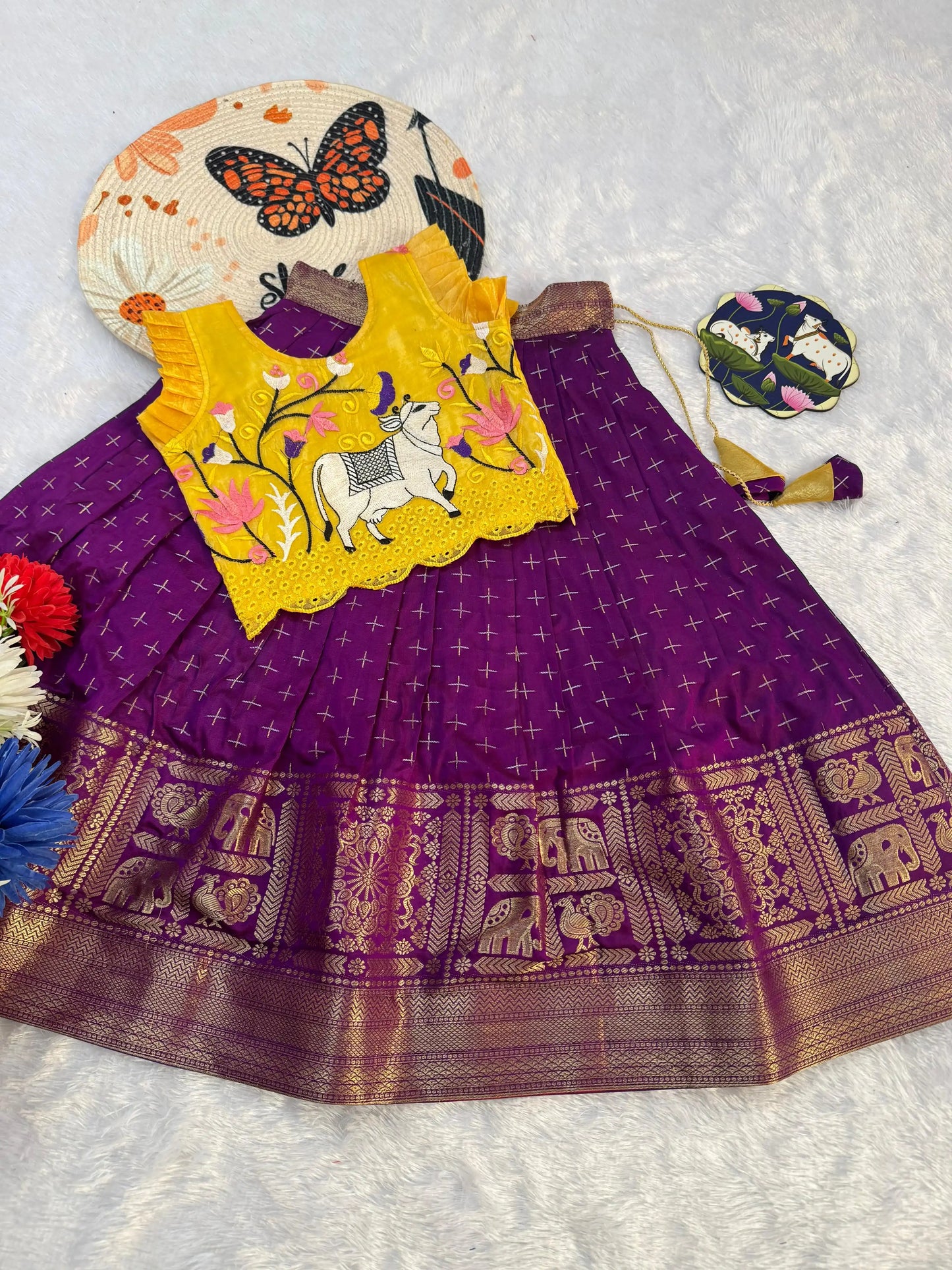 Kids Fancy Weaving Pichwai Embroidery Work Lehenga - Yellow Purple