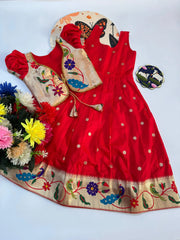 Trending Paithani Gown with Coat For Kids - Red