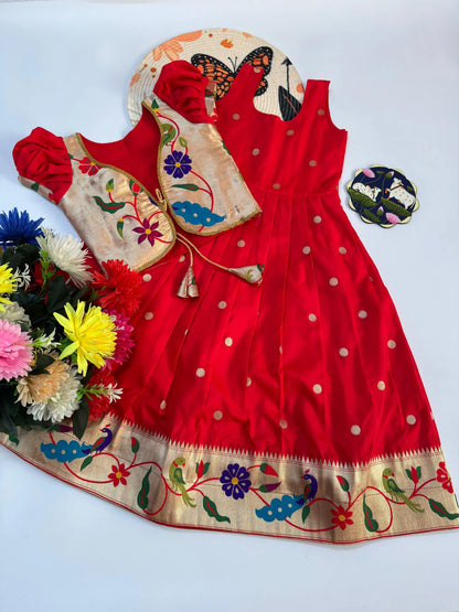 Trending Paithani Gown with Coat For Kids - Red