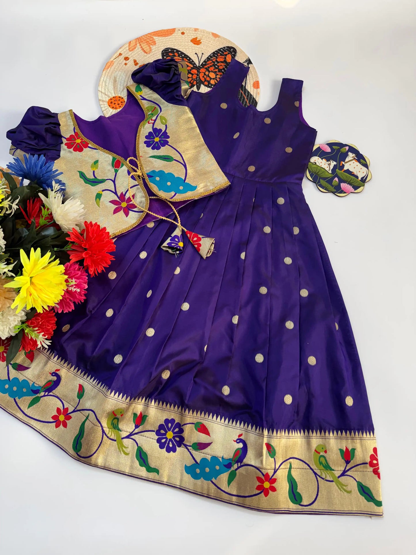 Trending Paithani Gown with Coat For Kids - Violet
