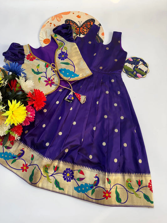 Trending Paithani Gown with Coat For Kids - Violet