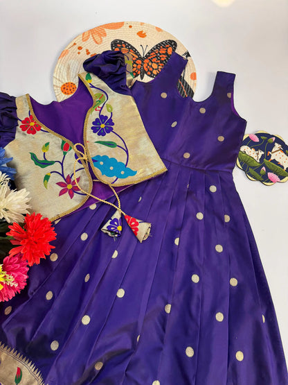 Trending Paithani Gown with Coat For Kids - Violet