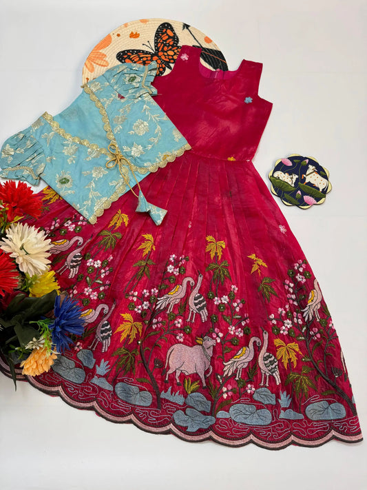 Kids Pichwai & Bird Embroidery Gown with Coat - Sky-Pink
