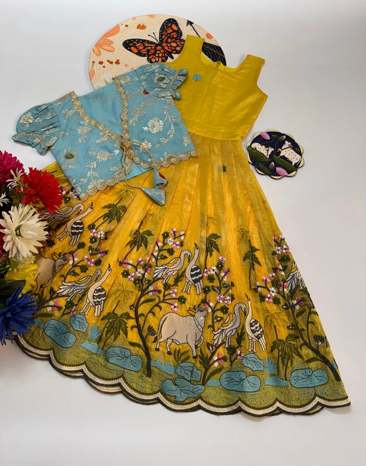 Kids Pichwai & Bird Embroidery Gown with Coat - Sky-Yellow