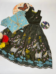 Kids Pichwai & Bird Embroidery Gown with Coat - Sky-Green