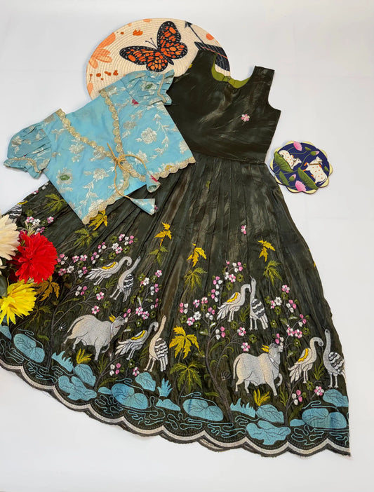 Kids Pichwai & Bird Embroidery Gown with Coat - Sky-Green