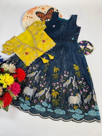 Kids Pichwai & Bird Embroidery Gown with Coat - Yellow-Rama