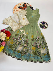 Kids Pichwai & Bird Embroidery Gown with Coat - White-Pista