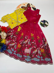 Kids Pichwai & Bird Embroidery Gown with Coat - Yellow-Pink