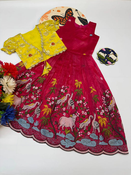 Kids Pichwai & Bird Embroidery Gown with Coat - Yellow-Pink