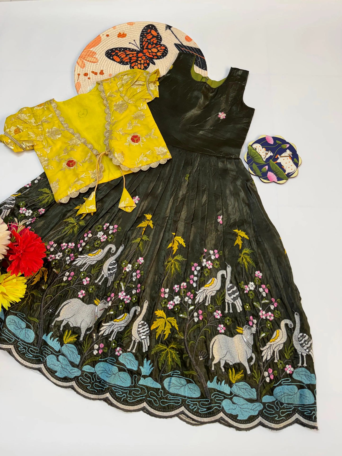 Kids Pichwai & Bird Embroidery Gown with Coat - Yellow-Green