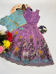 Kids Pichwai & Bird Embroidery Gown with Coat - Sky-Lavender