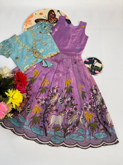 Kids Pichwai & Bird Embroidery Gown with Coat - Sky-Lavender