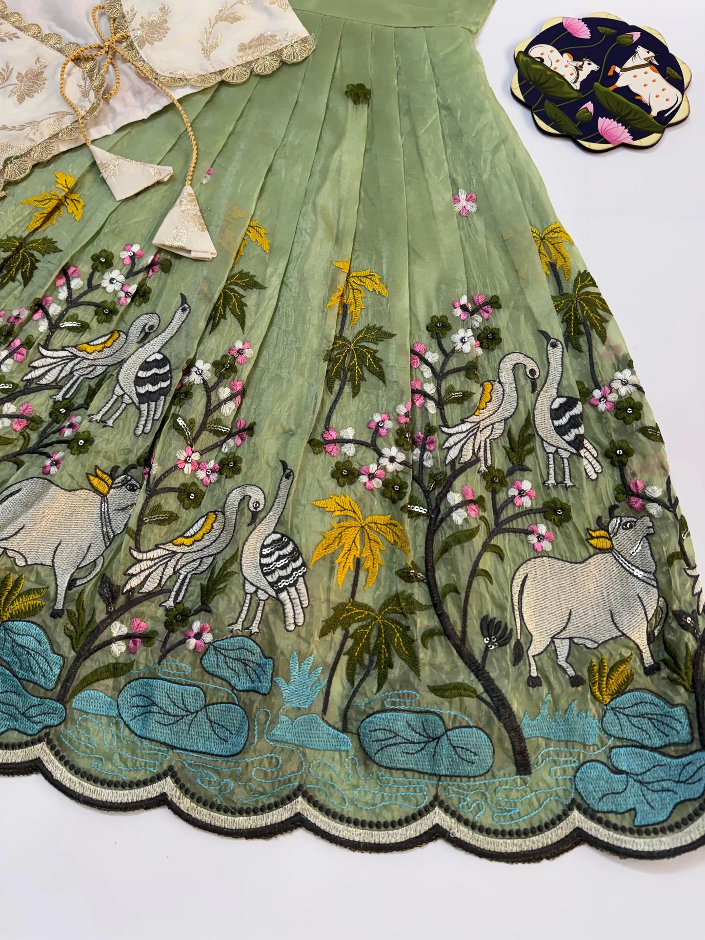 Kids Pichwai & Bird Embroidery Gown with Coat - White-Pista