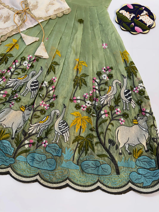 Kids Pichwai & Bird Embroidery Gown with Coat - White-Pista