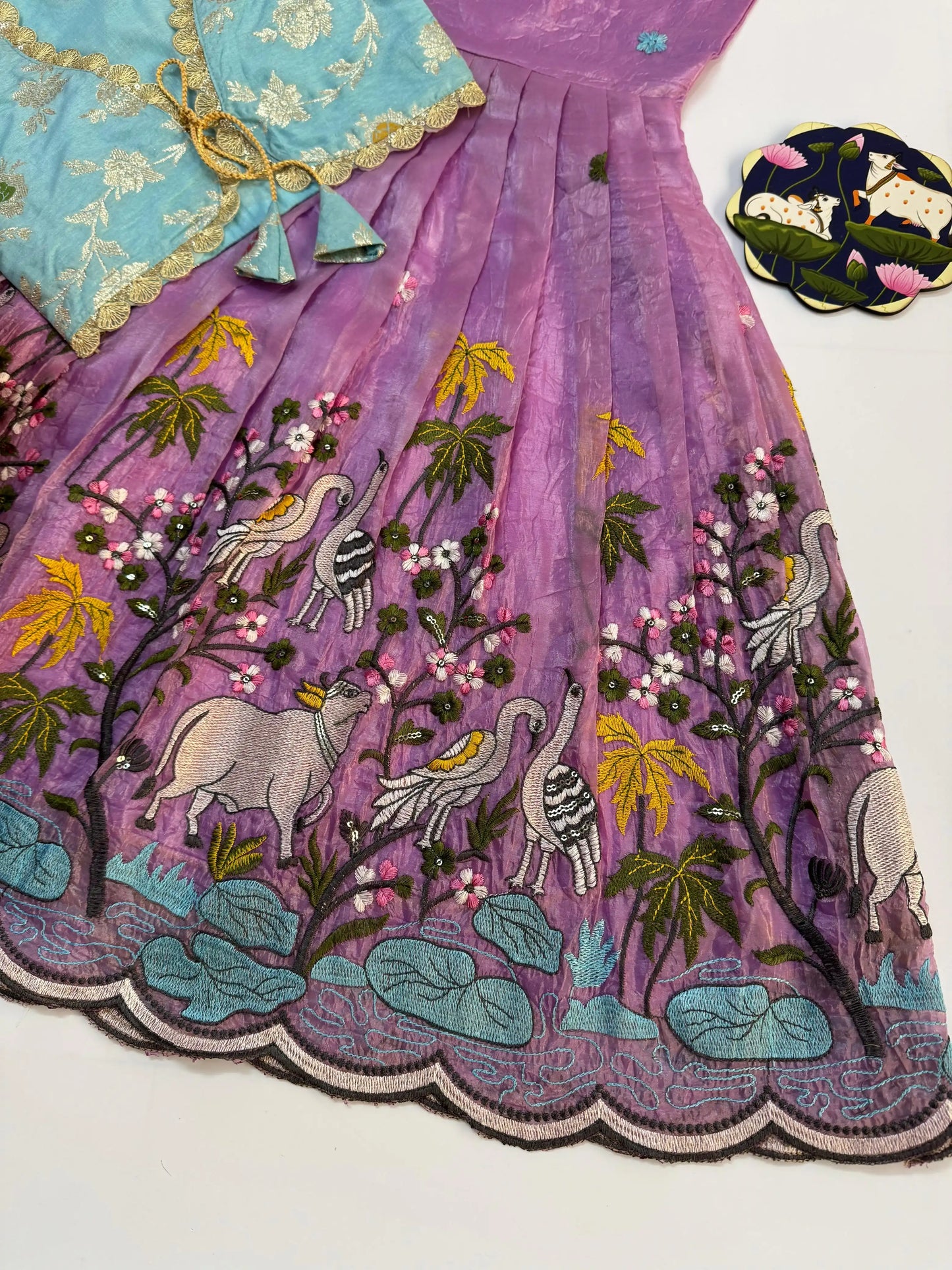 Kids Pichwai & Bird Embroidery Gown with Coat - Sky-Lavender