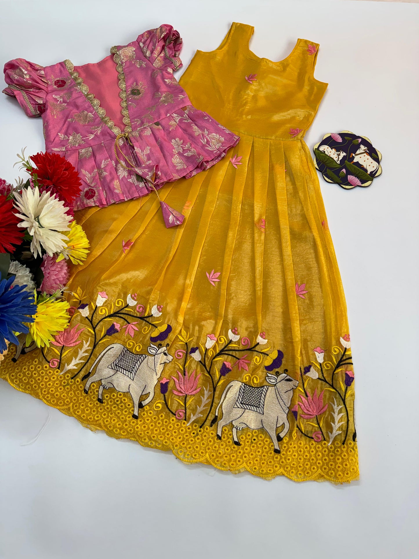 Pichwai Trending Gown With Coat For Kids- Pink-Yellow