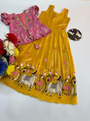 Pichwai Trending Gown With Coat For Kids- Pink-Yellow