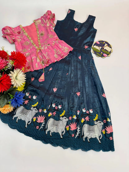 Pichwai Trending Gown With Coat For Kids- Pink-Rama