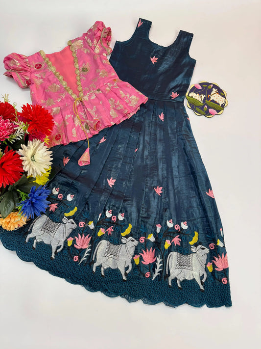 Pichwai Trending Gown With Coat For Kids- Pink-Rama
