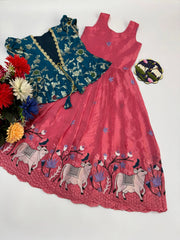 Pichwai Trending Gown With Coat For Kids- Rama-Pink