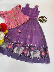 Pichwai Trending Gown With Coat For Kids- Pink-Lilac
